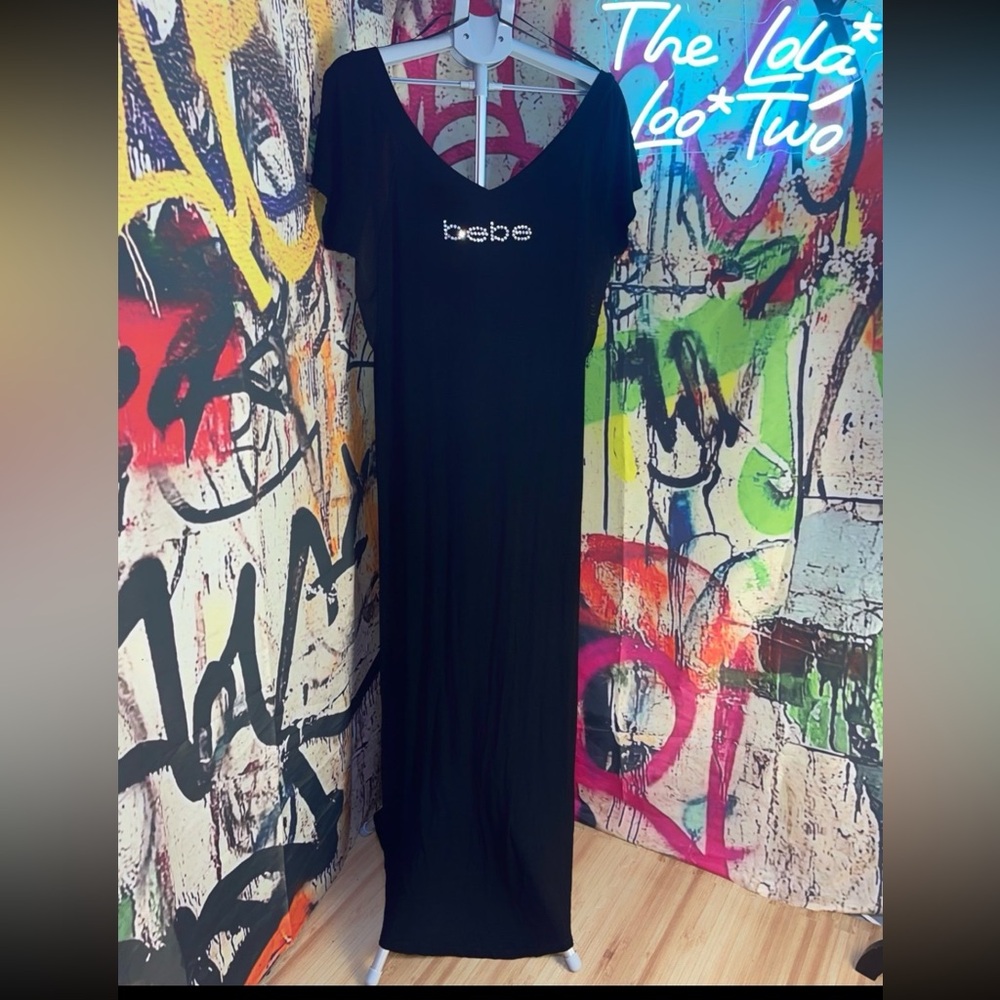 bebe Black Short Sleeve Maxi Dress with Rhinestone Logo • Sz.18/20 - Picture 3 of 12